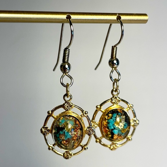 ✨ VTG, Rainbowflake Earrings Pierced Dangles Turquoise Gold Flakes - Picture 10 of 15